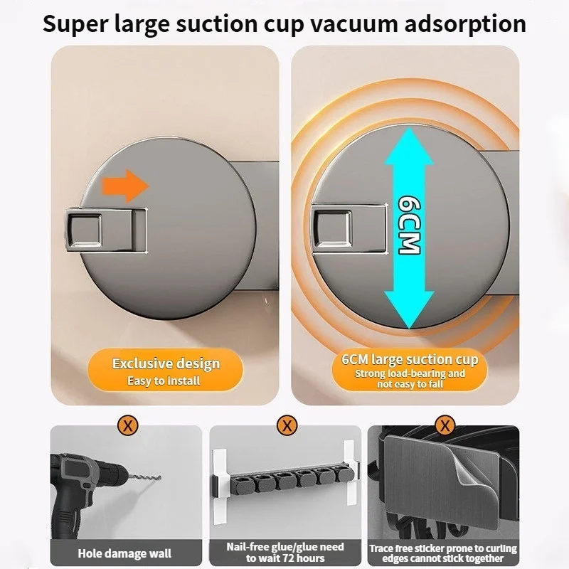 Suction Cup Bathroom No Drill Mop Holder Mop Clamp Shelf Wall-mounted Mop Rack