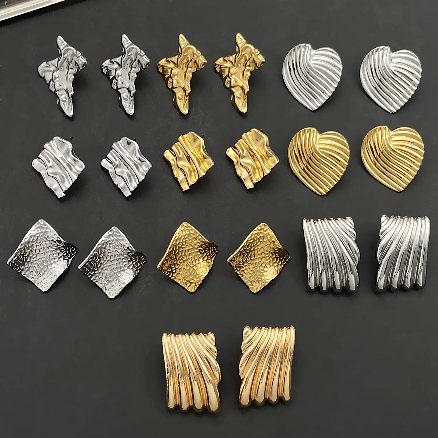 Stainless Steel Wrinkled Gold Color Earrings For Women Metal Earing Jewelry 2024 Trending NEW Vintage Square Heart Earrings JN9