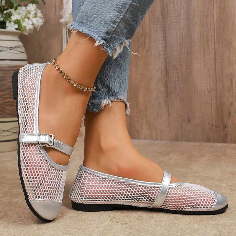 

2026 New Women's Mesh Breathable Ballet Flat Shoes Summer New Flat Hollow Mesh Sandals Fishnet Flats Mary Jane Shoes