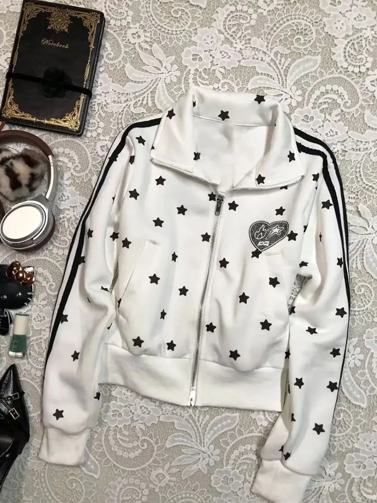 Vintage Star Print Crop Jacket Women Japanese Loose Stand Collar Casual Zipper Coat Y2K Aesthetic Streetwear Punk Outwear Mujer
