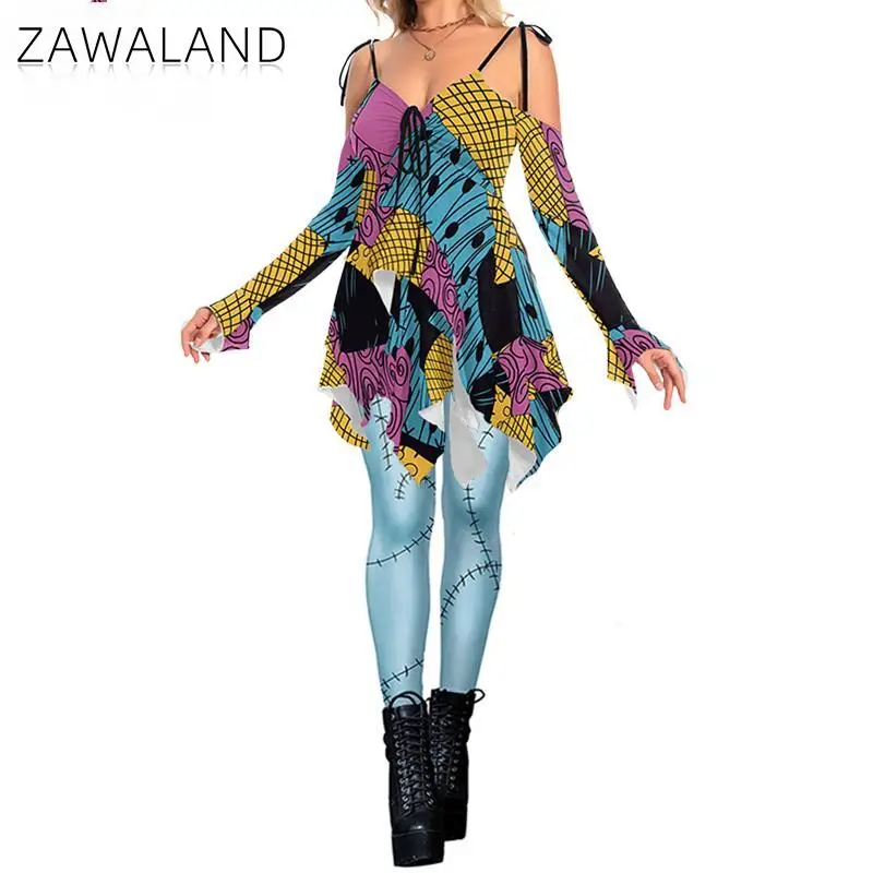 Zawaland-Costume de Cosplay d'Horreur de Noël pour Femme, Robe de Zombie pour Halloween, Robes de Soirée Amusantes, Leggings Imbibés