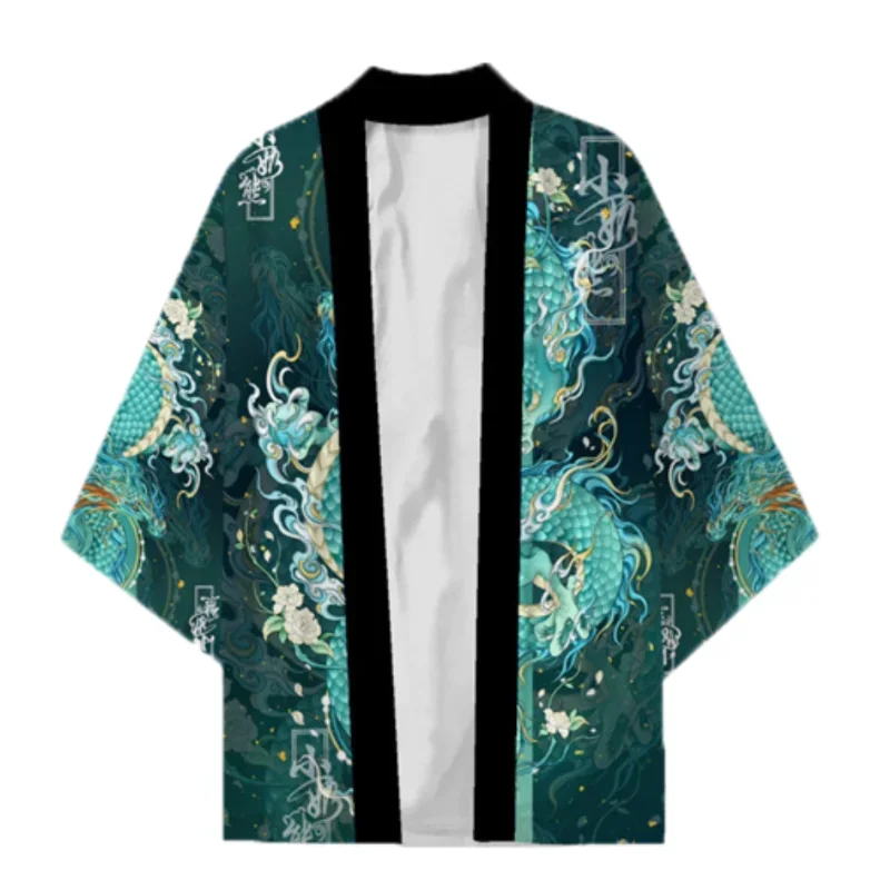 Japanese Samurai Haori Cardigan Anime Dragon Print Green Loose 3/4 Sleeve Kimono Coat for Men Women Harajuku Streetwear Traditio