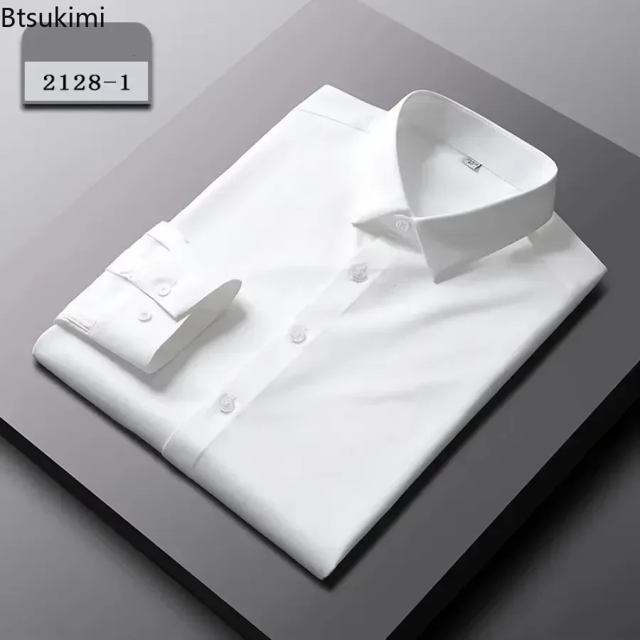 

2025 Men's Dress Shirts High Quality Stretch Anti-Wrinkle Long Sleeve Shirt Fashion Slim Solid Business Casual Social Shirt Male