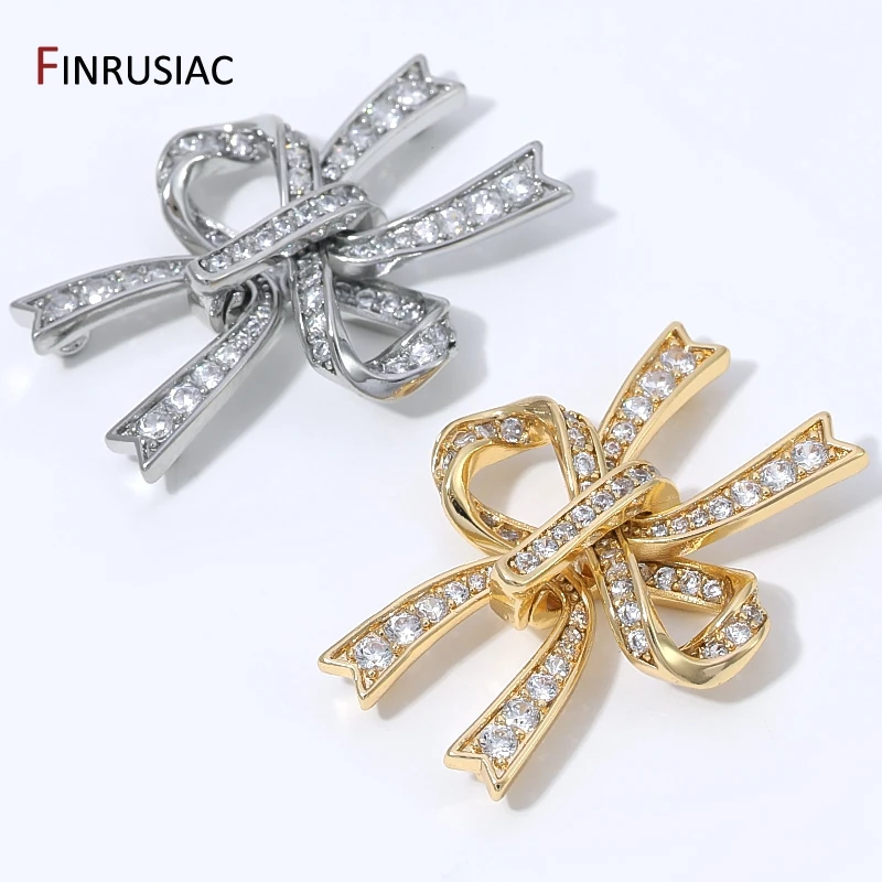 14K Gold Plated Brass Fastener Lock Closure Clasps,Inlaid Zircon 2-Rows Bow Knot Pearl Connector For DIY Jewelry Accessories