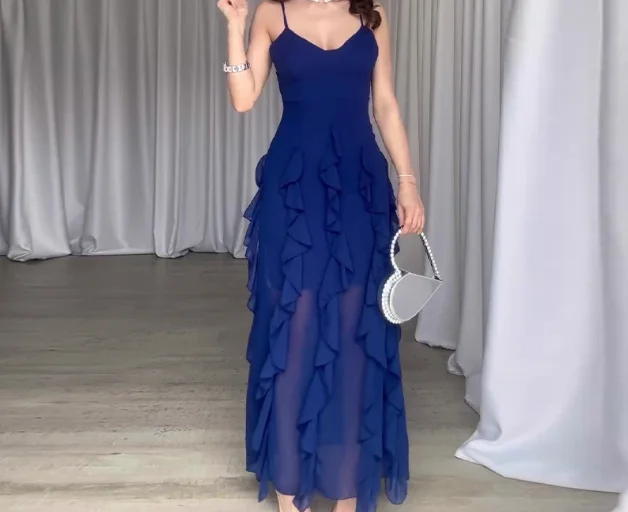 

Fashion Women's Pure Desire Style Fashionable Ruffle Edge Splicing Slim Fitting Camisole Skirt Gorgeous Socialite Style Dress