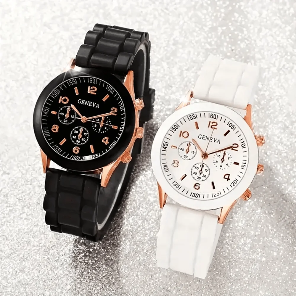 

2pcs/set, Women Watches Set, Black and White Round Dial Quartz Watch with Silicone Strap Perfect Gift for Mwoman