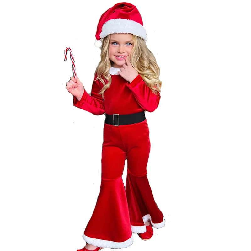 وصل حديثًا لعام 2025 زي فتاة عطلة رأس السنة الجديدة زي سانتا المساعد الصغير للفتيات باللون الأحمر الصغير سانتا المخملي مجموعة جرس سفلي