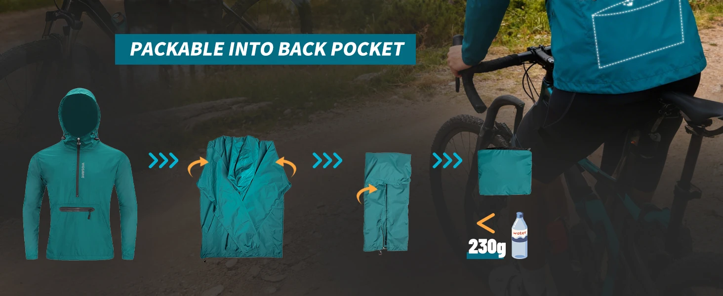 WOSAWE Frühlings-Herren-Fahrrad-Windjacke, wasserabweisend, halber Reißverschluss, Pullover, verstaubar, winddicht, mit Kapuze, Fahrradjacke – Detail 6