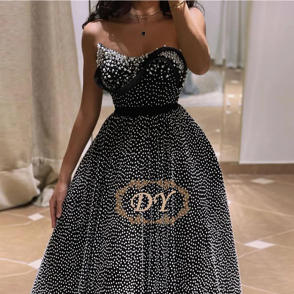 Vestido de Fiesta Elegante con Estampado de Lunares, Perlas, para Boda, Graduación, Evento Formal, Largo hasta el Suelo, Personalizable