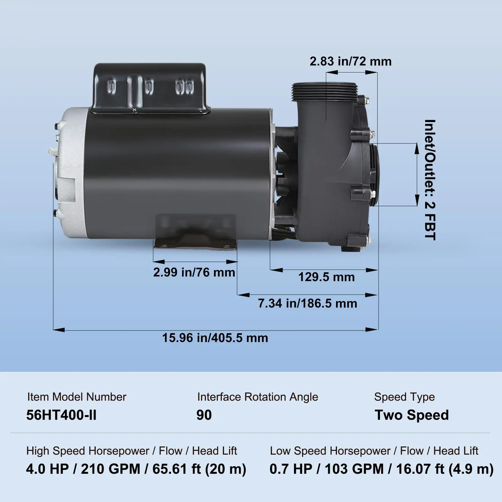 2 SPA Pump 56 Frame AC 220 240V  210GPM 65.61ft High 0. 103GPM 16.07ft Low 2 Inch Port 90 Degree Rotational Interface for hot Tub UL Tested