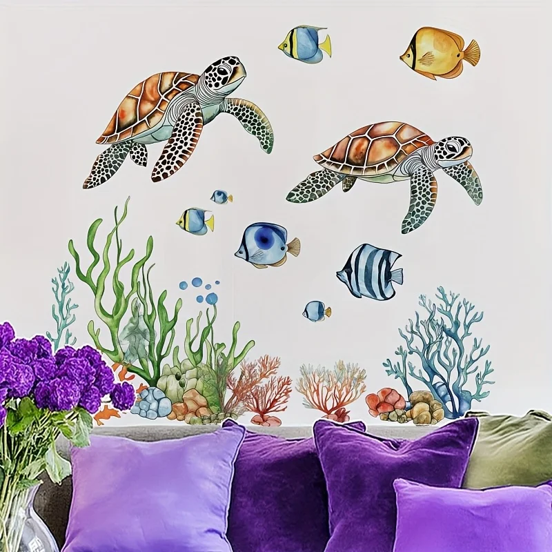Boho Colorful Sea Turtle Grass Wall Stickers Bathroom Bedroom Classic Underwater Fish Animal Wall Decals Living Room Home Decor