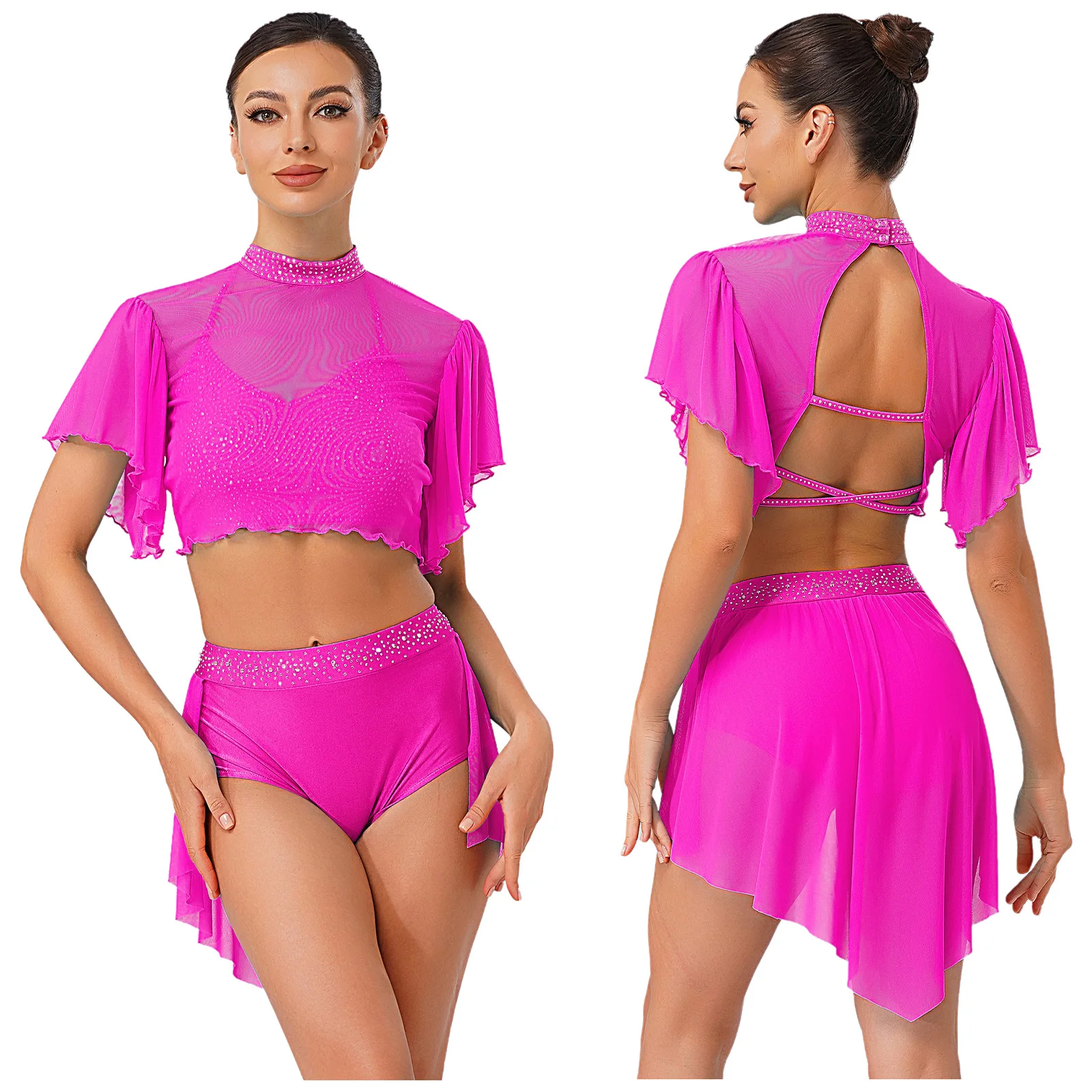 المرأة الغنائية الرقص الشكل التزلج زي عارية الذراعين بروتيل المحاصيل القمم + تنورة السراويل Dancewear مجموعات لأداء فئة الرقص