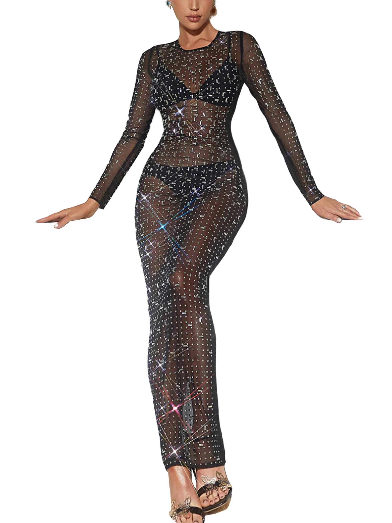 Elegant Sequin Mesh  for Women - Sleeveless See-Through Beach Cover-Up with Split Hem and Sparkling Sequins - Perfect