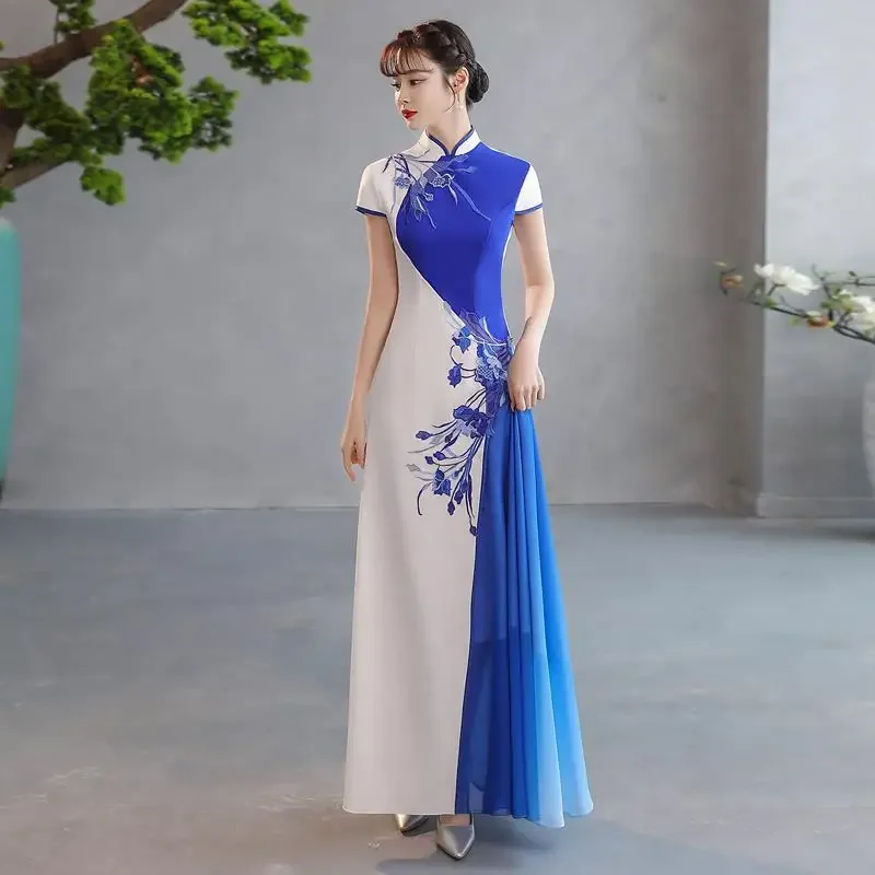 

Elegant Women Long Chinese Traditional Cheongsam Sexy Slim Qipao 2024 New Satin Evening Party Dress Mother Performance Costumes