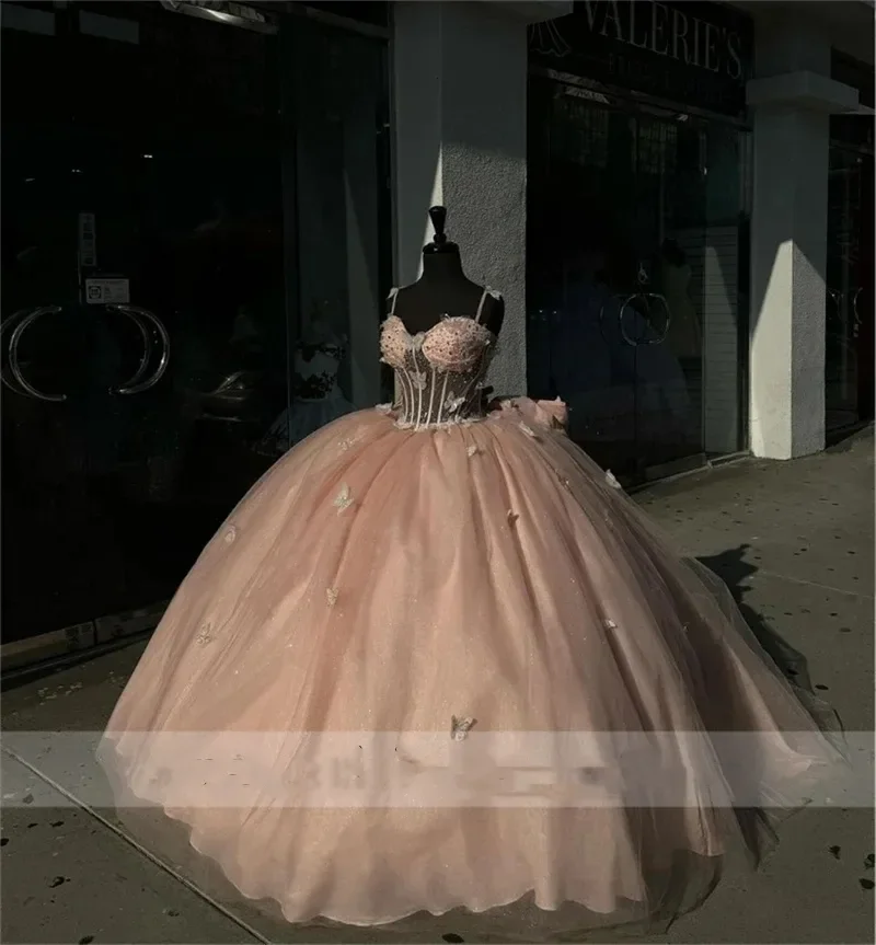 Pink Princess Quinceanera Dresses 2024 With Bow 3D Butterfly Appliques Beads Mexican Girls Birthday Party For 15th Girls HOT