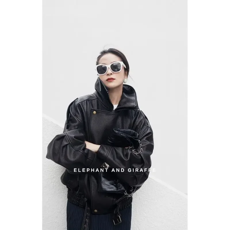 Fashionable and High-end Heavy-duty Double-layer Collar Leather Jacket for Women's Autumn New Loose Motorcycle Coat