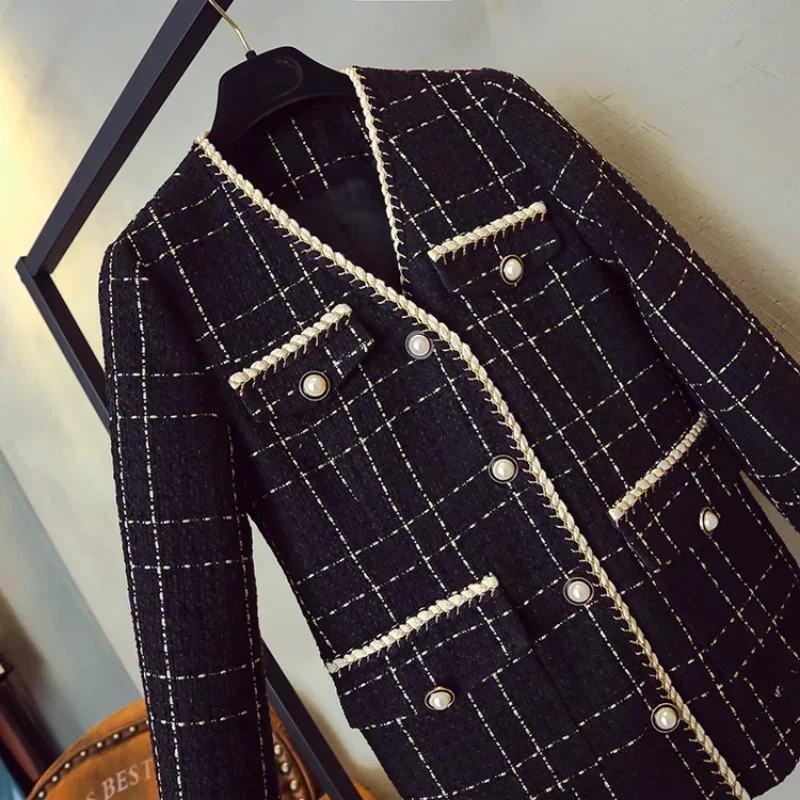 QNPQYX New Luxury Designer Brand Wool Blends Coat for Women Fashion Black Vintage V-Neck Plaid Wide Waisted Tweed Coat S-XXL