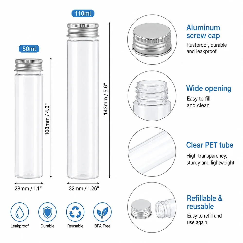 20pcs 50ml/100ml Clear Flat Tubes Aluminum Cap Screw Top Wish Bottle Refillable Empty Bottle For Wedding Decor Party Favor - view 2