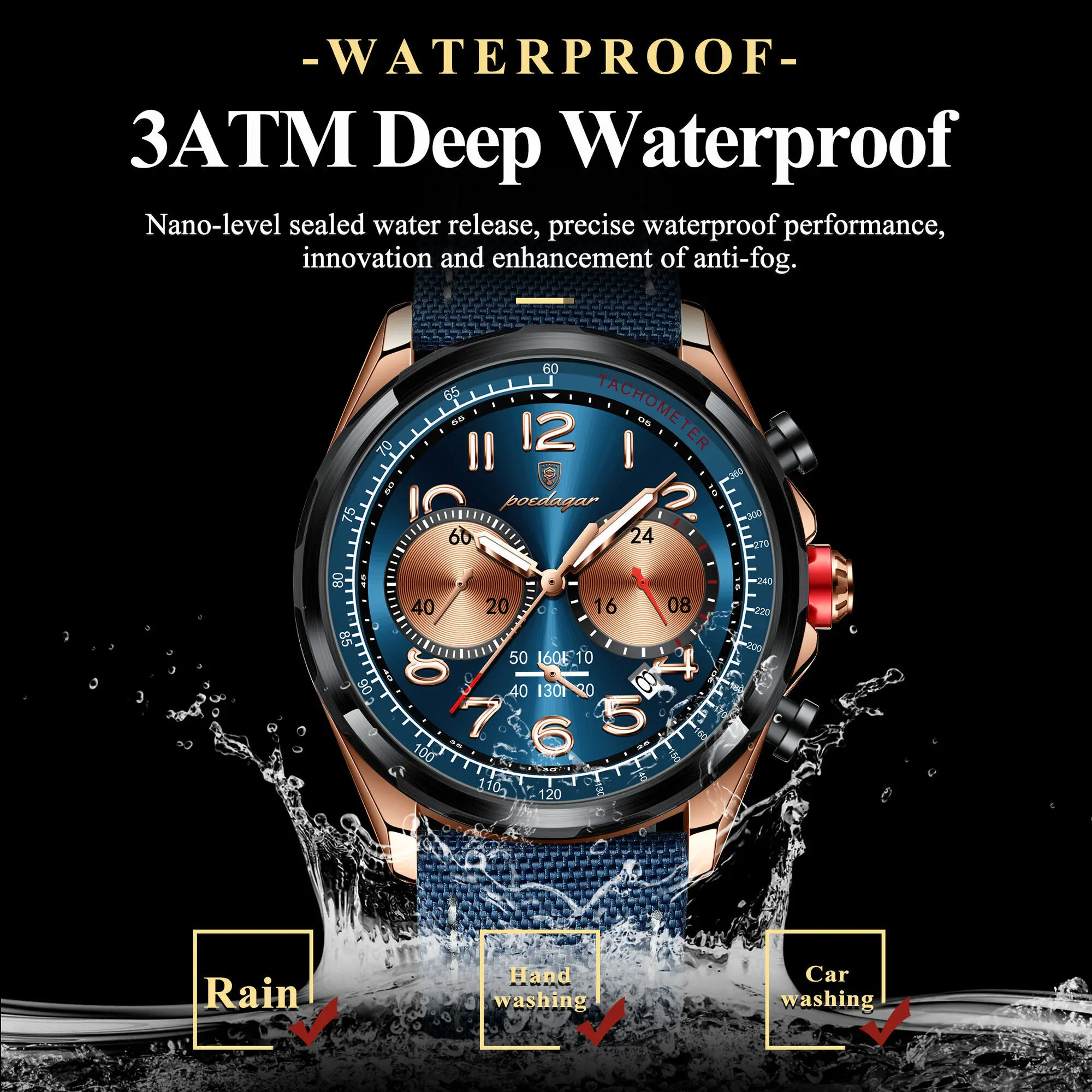 POEDAGAR Luxury Men's Watches Waterproof Nylon Strap Night Light Date Gold Top Brand Quartz Watch for Men