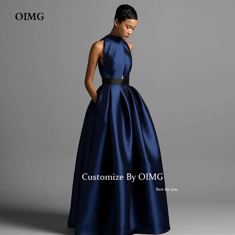 OIMG Elegant Long High Neck Prom Dresses Satin A Line Sleeveless Floor Length Evening Dresses Event Party Dresses with Pockets