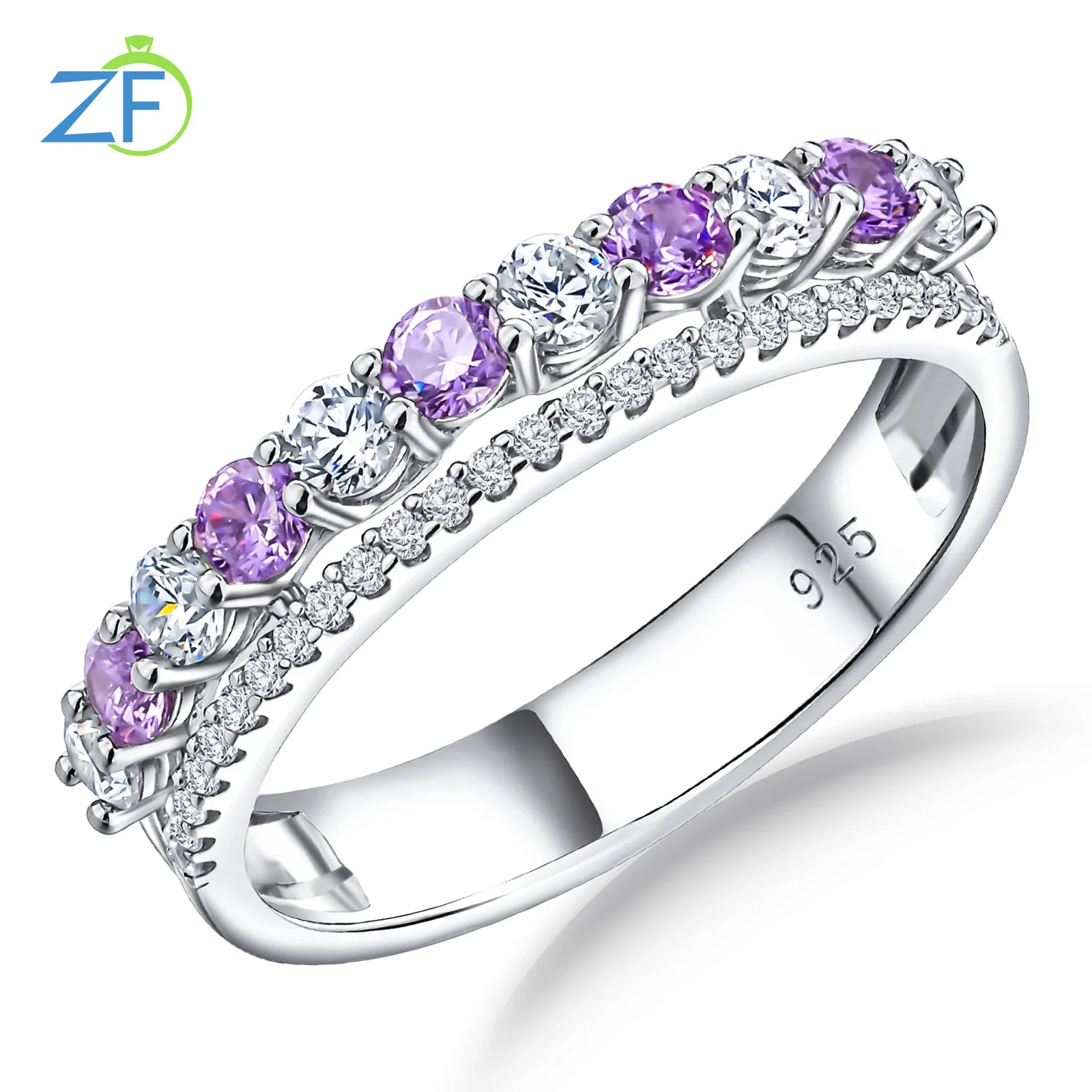 

GZ ZONGFA S925 Birthstone Tennis Ring Double Line Cubic Zirconia Stone Design For Women Female Stack-able 925 Sterling Silver