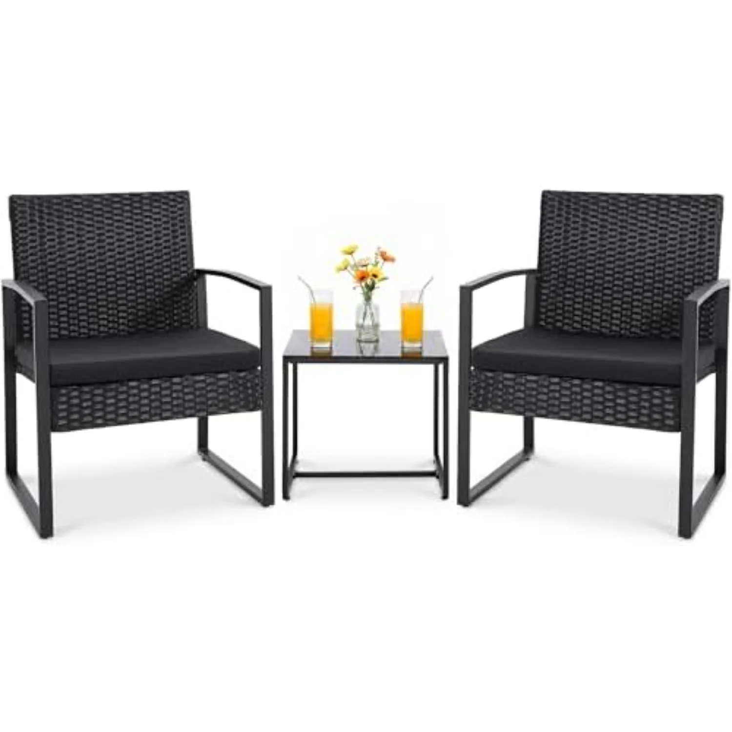 3 Pieces Patio Furniture Set Outdoor Wicker Bistro Chair (Black) | Modern Patio Conversation Rattan Front Porch Chairs