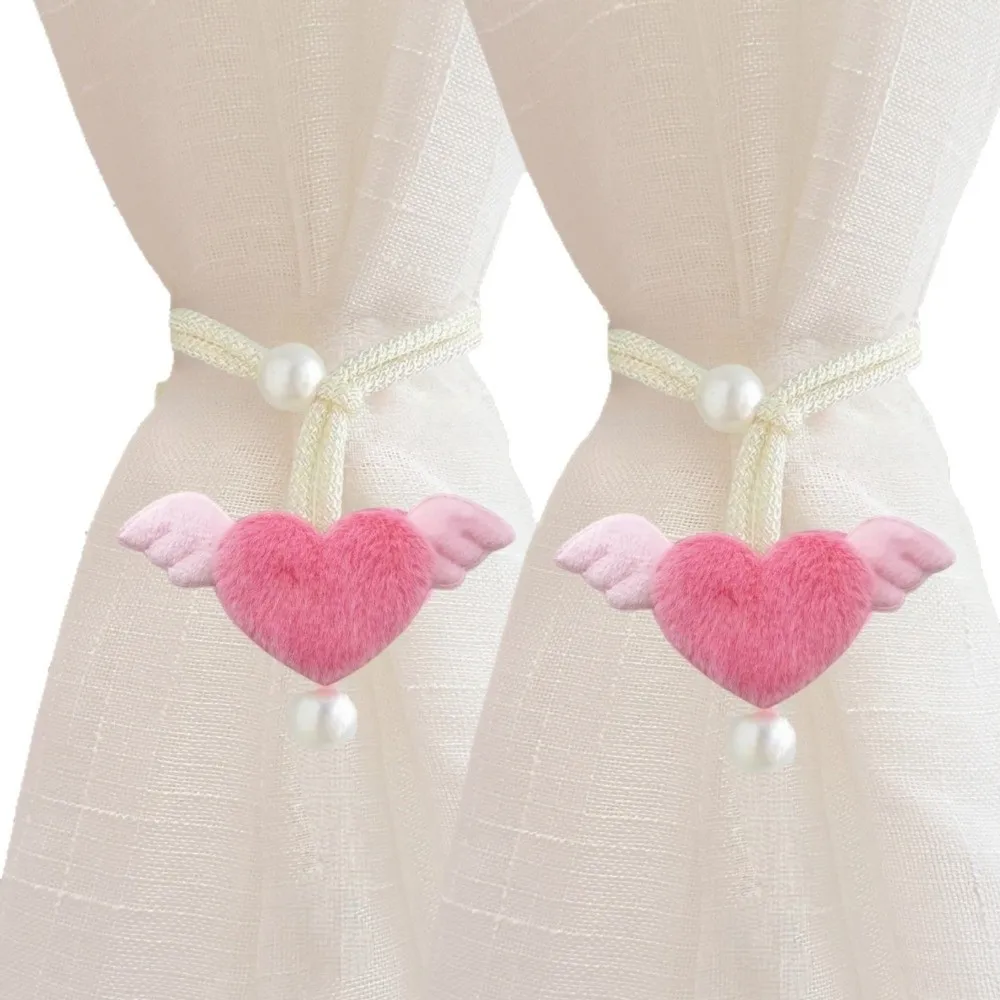 2PCS Sweet Heart-shaped Curtain Tiebacks Romantic Plush Window Curtain Holders with Beads Mosquito Net Tie Window Valances