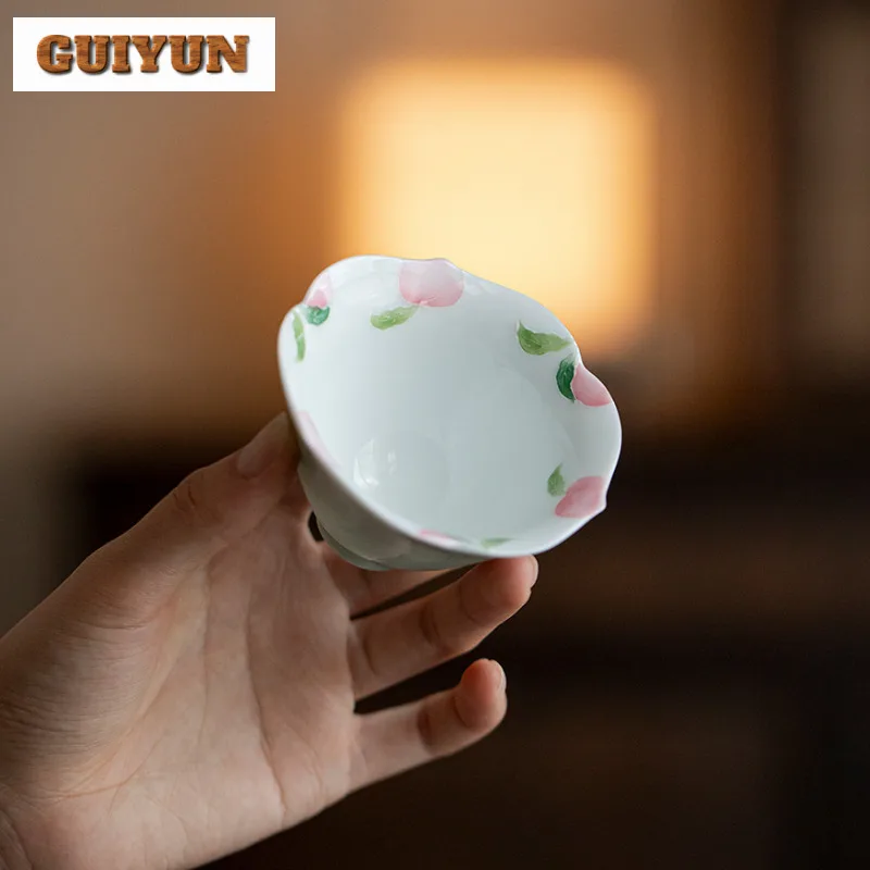 2 قطعة/الوحدة رسمت باليد الخوخ فنجان الشاي زن وعاء الشاي أكواب واحدة الشاي تذوق التأمل كوب تشازان ماستر أكواب درينكوير الحرفية 80 مللي
