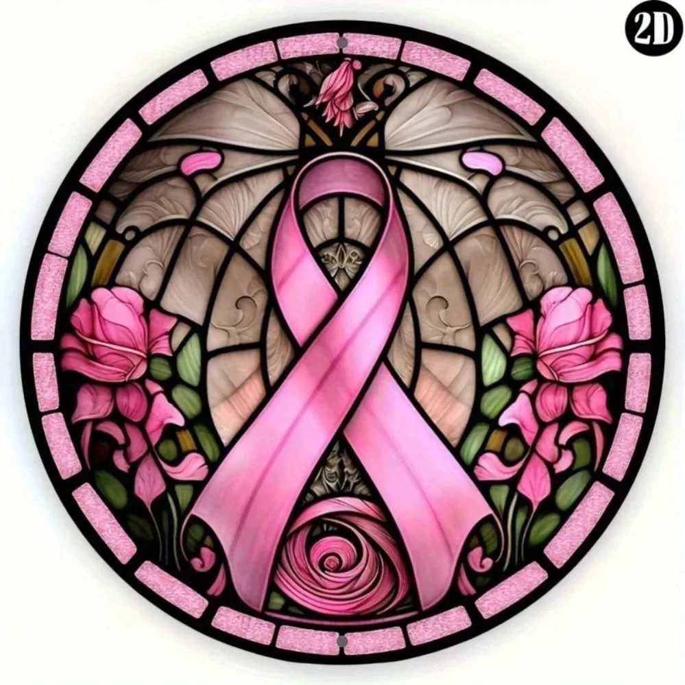 Runder Brustkrebs-Bewusstseinkranz (8"x8") - Pink Ribbon Aluminium Sign |   Ideal für Halloween, Weihnachten und Zuhause