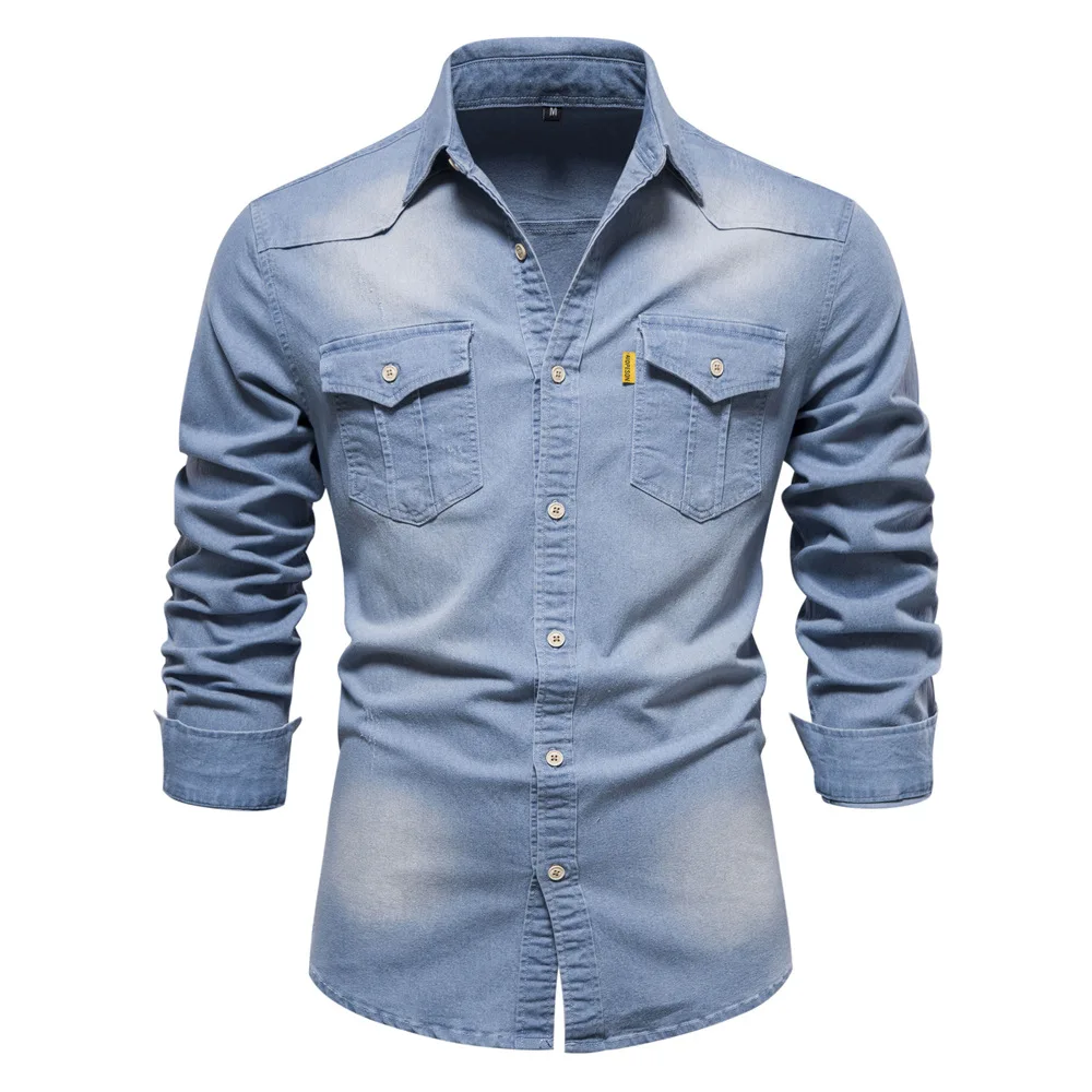 

Рубашка мужская джинсовая с длинным рукавом, эластичная Хлопковая сорочка из денима, Повседневная приталенная, дизайнерская одежда, весна
