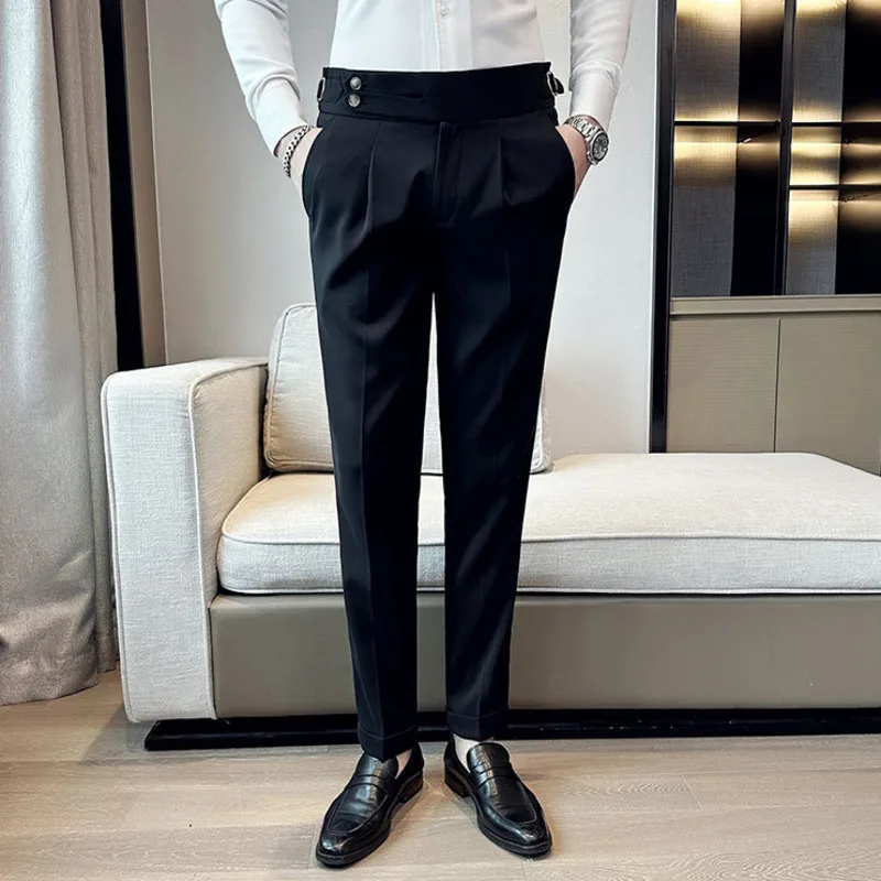 High quality elastic suit pants for men\'s Italian style personalized pleated white small suit pants for youth pants29-40