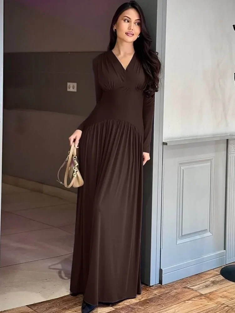

Autumn Long Sleeve Sexy Maxi Dress For Women Fashion Solid V Neck High Waist Slim Elegant Club Party Pleated Long Dress