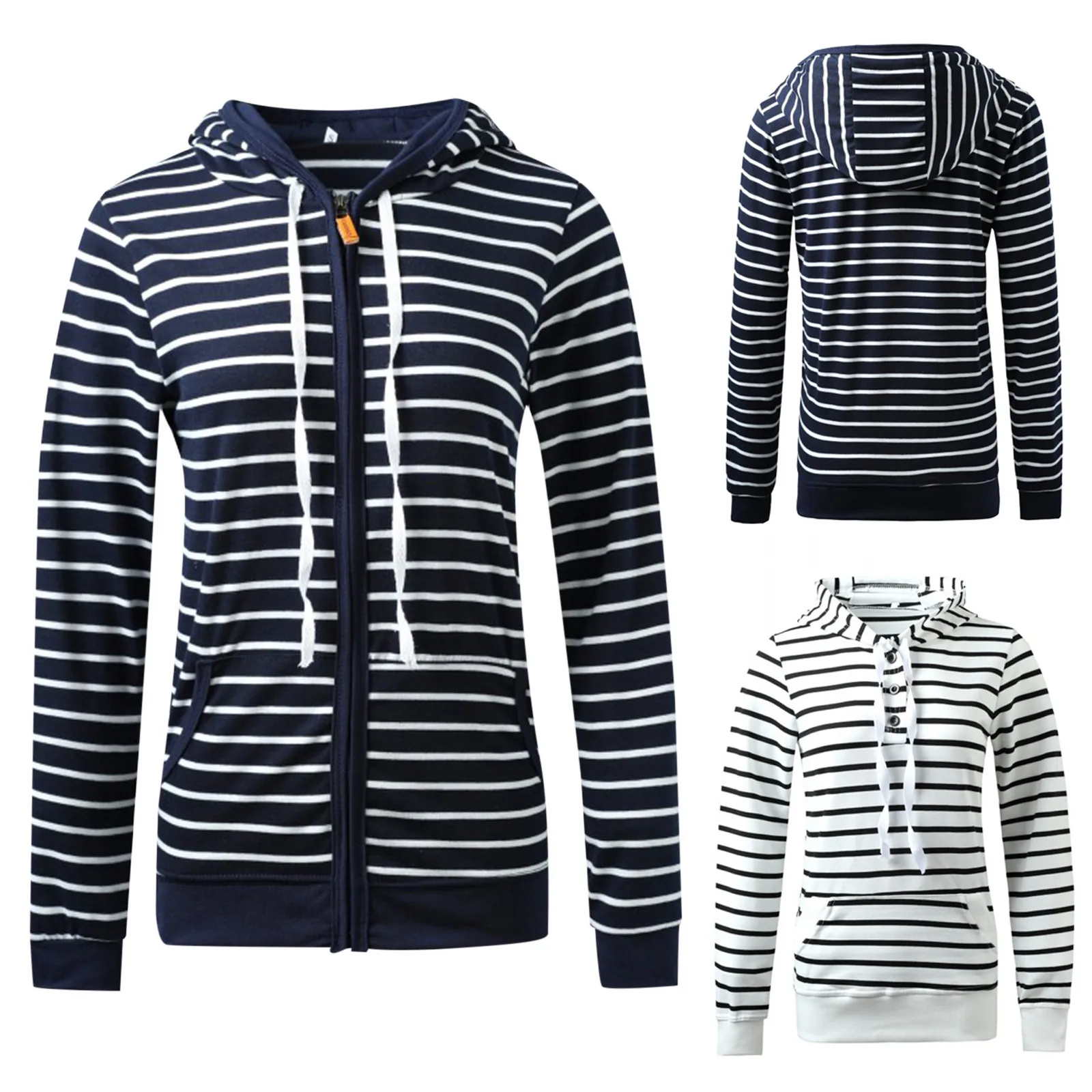 

Fall Women's Casual Striped Sweatshirt Zipper Long Sleeve Slim Hooded Blouse Top Winter Warm Coats Women Coat