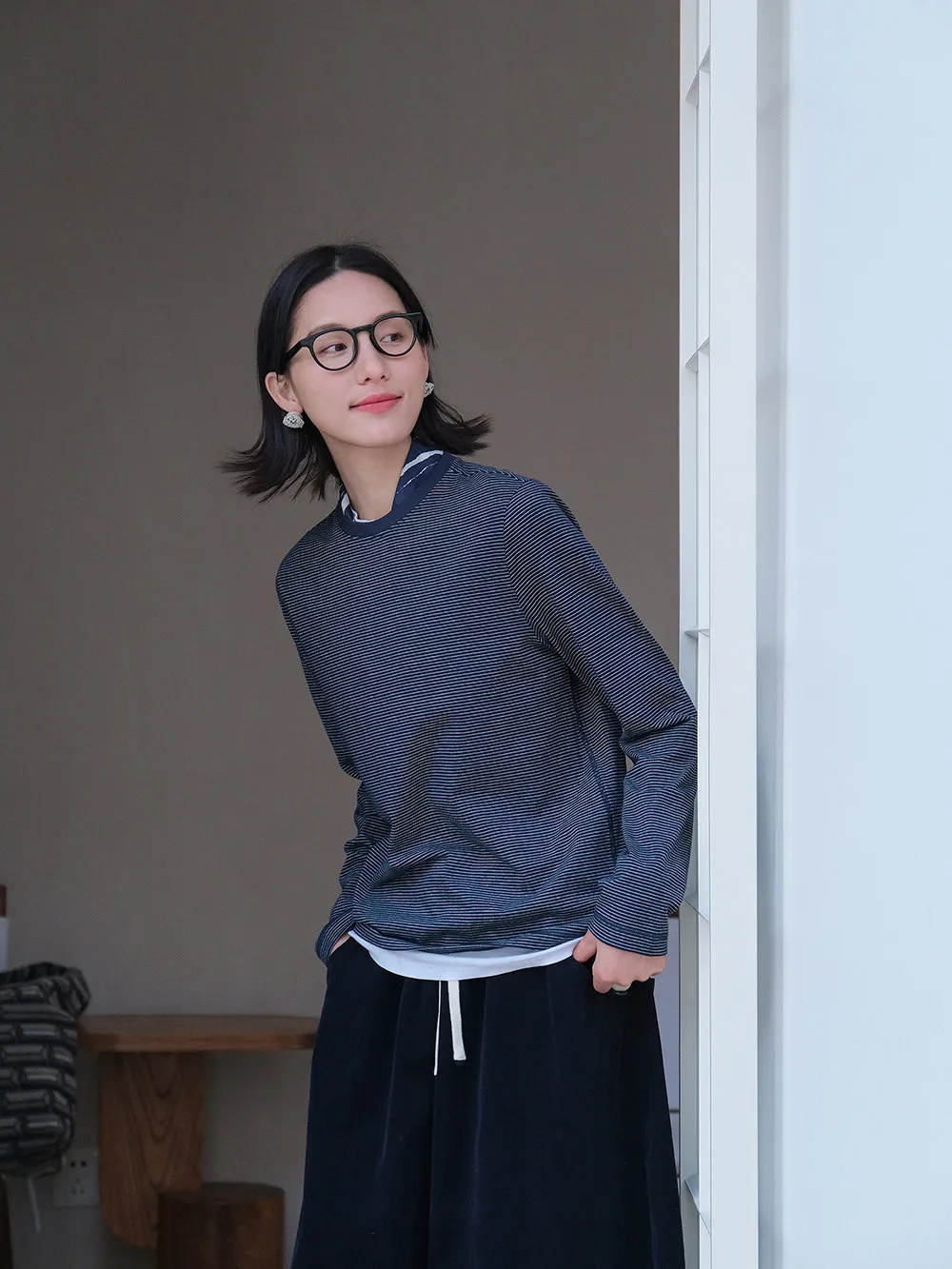 

Soft Skin-Centred Cotton Lycra round Ne Slim Striped Base Layer Outerwear T-irt Casual Loose Fit Long Sve Spring Faion