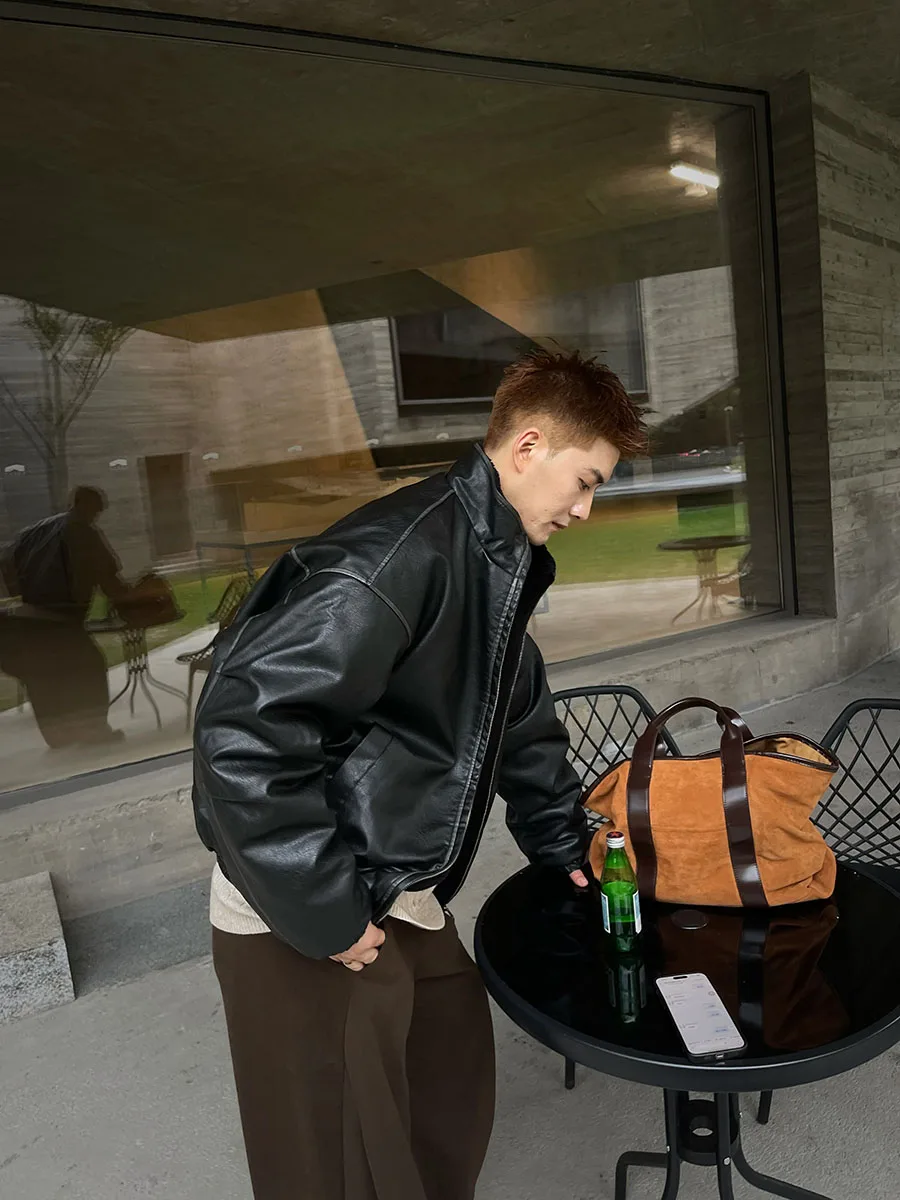 

Warmth And Sle Men's Cotton Jaet Stand Collar Retro American Loose Fit PU Leather Inner Fur Coat Faionable Urban Youth