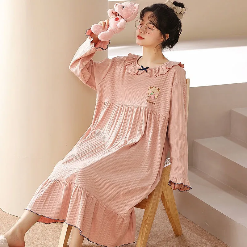 2023 New Pajama Dress Women Pajama Dress Spring Autumn Pure Cotton Long Sleeves Outworn Ruffle Edge Large Size Nightclothes