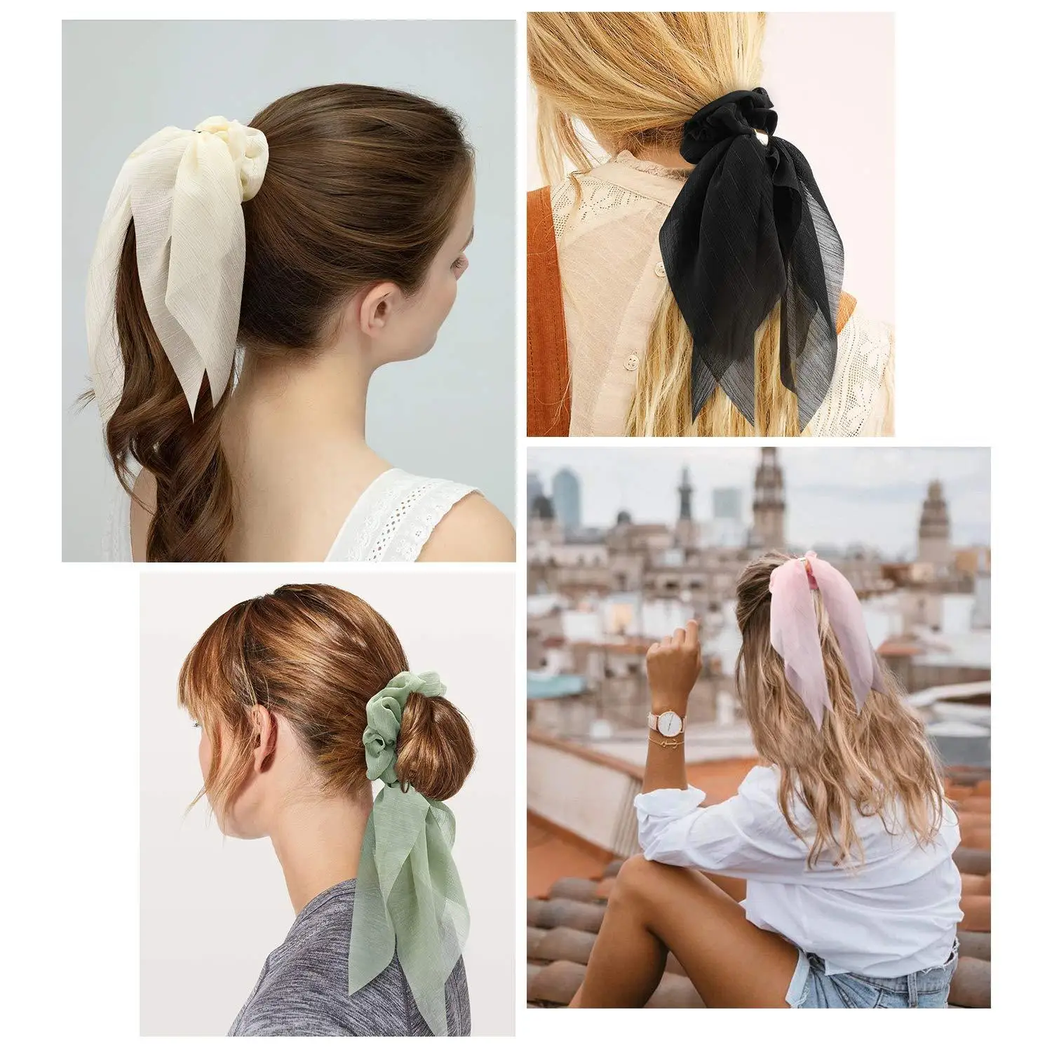 Chiffon Long Ribbon Bow Scrunchies Women Girl Ponytail Holder Scarf Hair Ties Elastic Hair Band Rope Headbands Hair Accessories