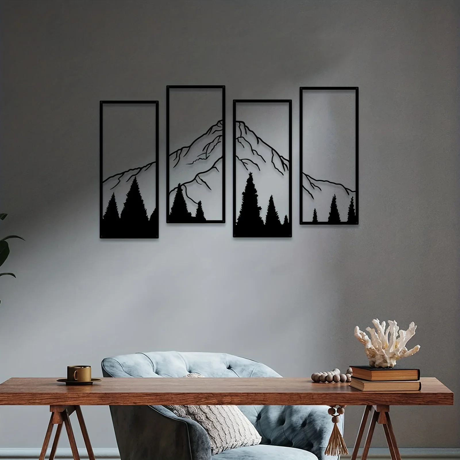 4pcs Minimalist Metal Mountain Wall Decor - Square Sculpture for Office, Home, Living Room, Bedroom - Unique Wall Art