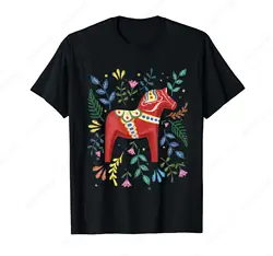 Swedish Dala Horse Folk Art Sweden Flag Horse T-Shirt Holiday Women Men Teens Short Sleeve