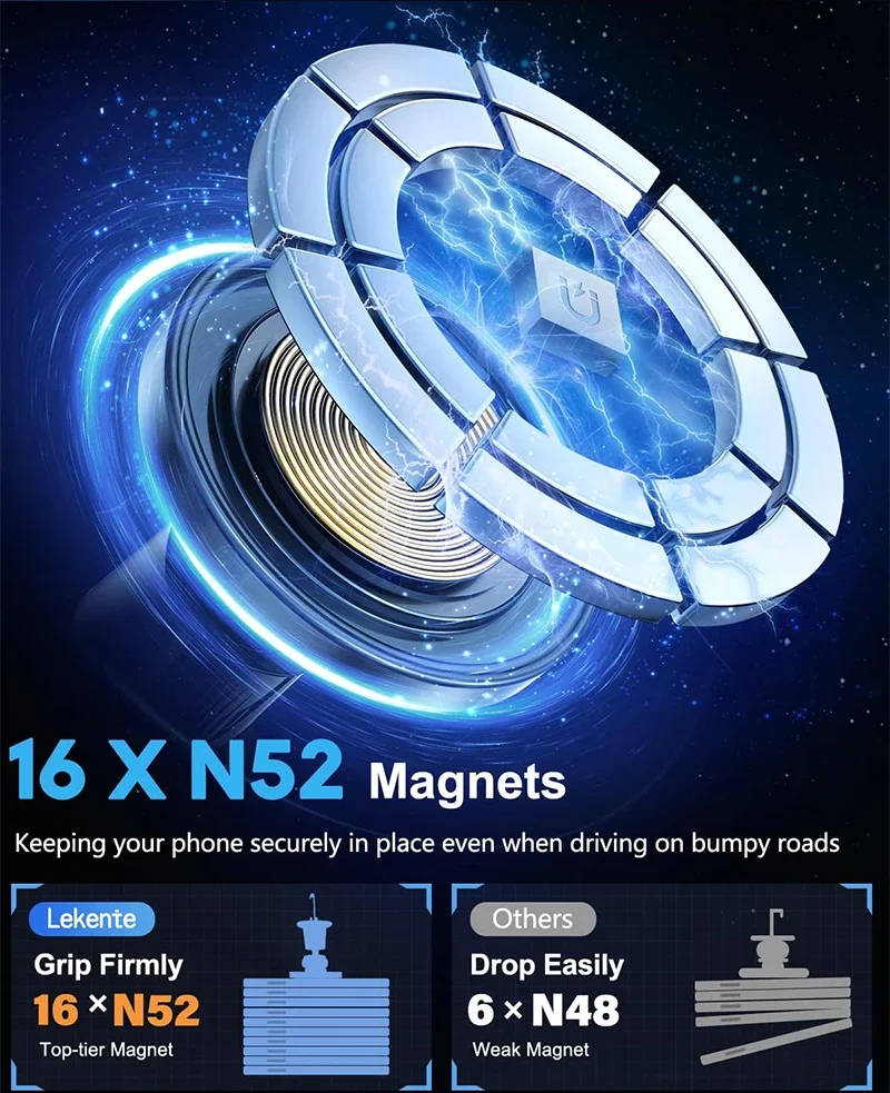 UYUXIO Magnetisches Kabelloses Auto-Ladegerät Adapter 15W Schnellladung Lüftungsschlitz-Autohalterung mit Magnet für iPhone 17 16 15 – Detail 4