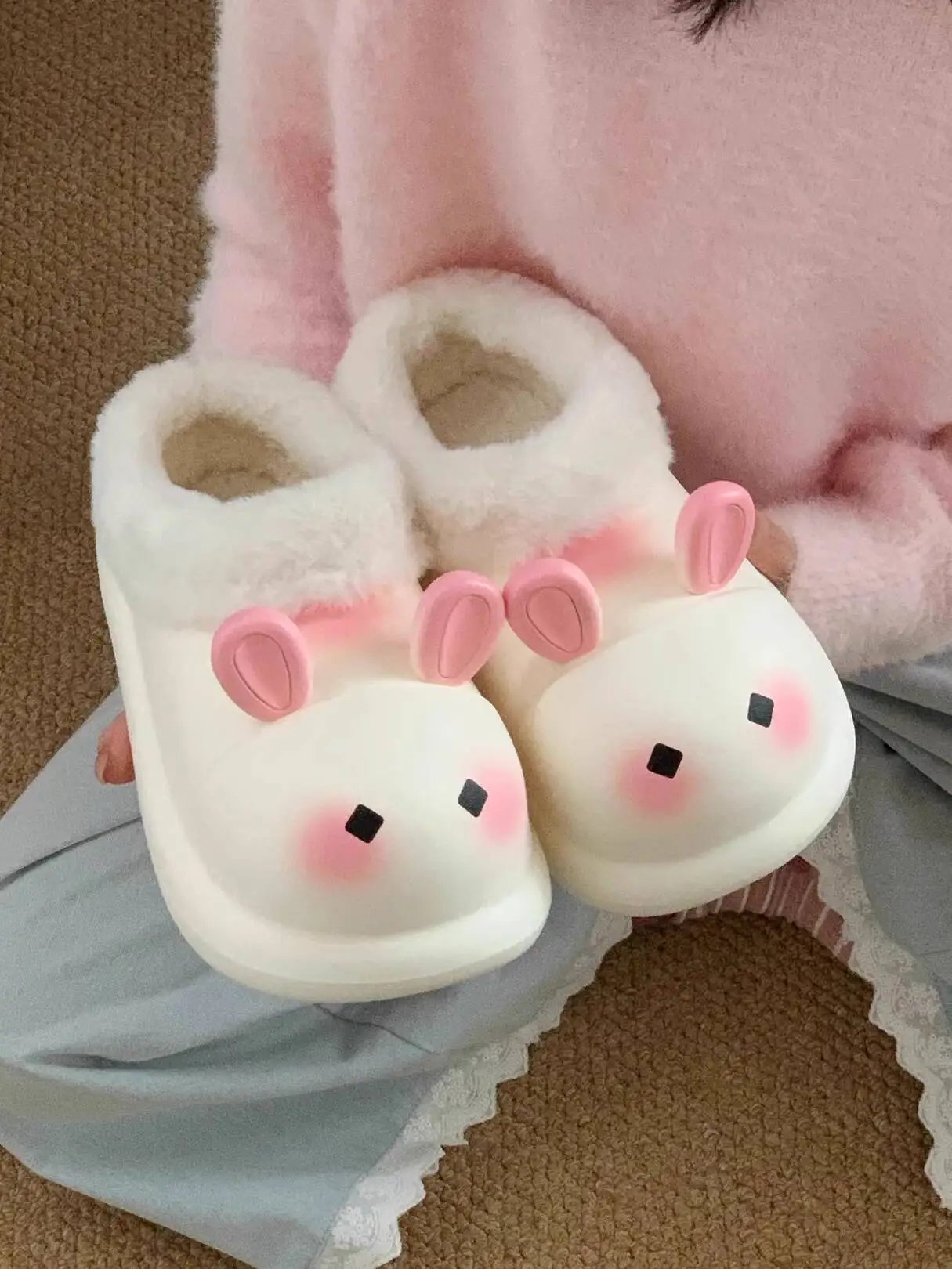 

Women's Cute Rabbit Furry Home Slippers 2025 Autumn Winter Waterproof Lazy Style Warm Indoor Household Slippers Cotton Shoes