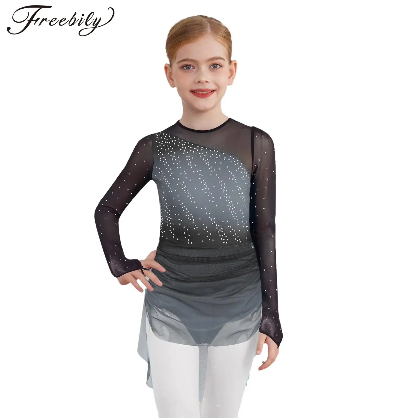 

Girls Figure Skating Lyrical Dance Dress Rhinestones Long Sleeves Sheer Mesh Leotard for Ballet Rhythmic Gymnastics Performance