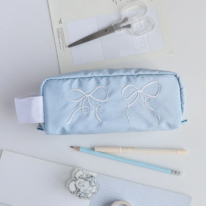 Korean Cute Pencil Case Girl Portable File Bag Cloud Brocade Embroidered Pen Bag Bow Style Pencil Case Pencil Pouch Kawaii Bag