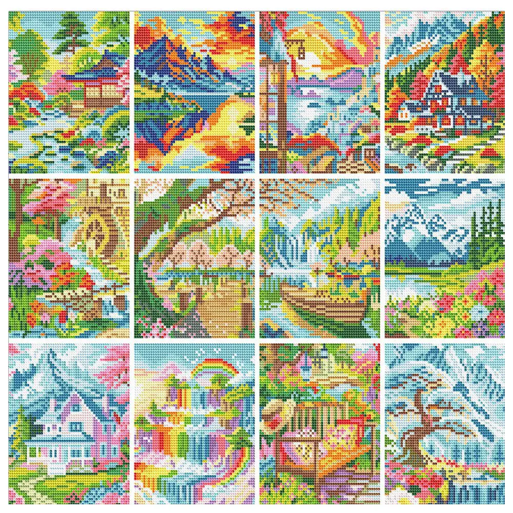 Momoart 12pcs Mini Diamond Painting House Landscape Full Round Embroidery Mountain Diamond Mosaic River Child Hobby