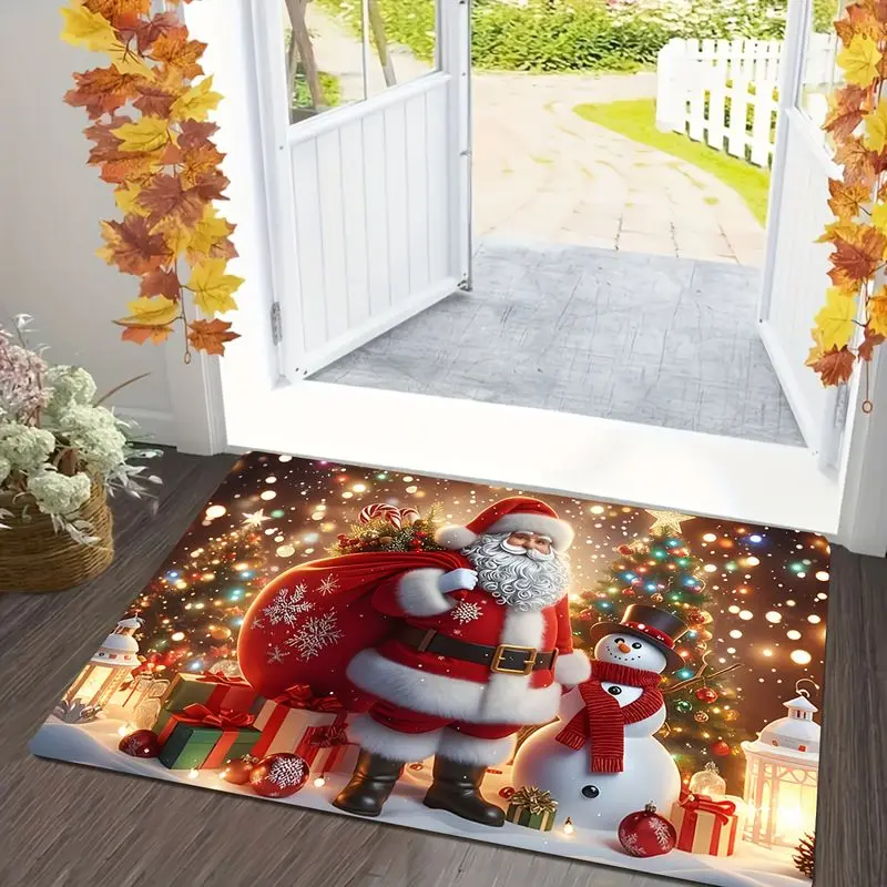 VIKAMA Santa Claus Snowman Doormat Christmas Tree Gifts Merry Christmas Welcome Mat Winter Entryway Rug Front Porch