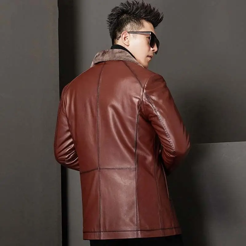 Winter Leather Jacket For Men Medium Long Thicked Suit Collar Sheepskin Jacket Man Natural Slim Fit Men's Genuine Leather Coats