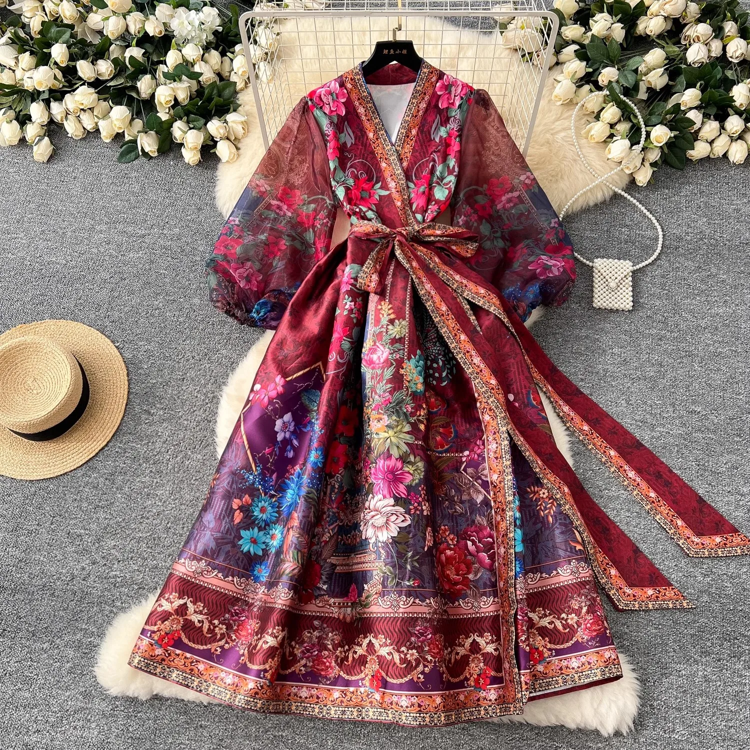 

Summer Bohemian Gorgeous Flower Long Dress Women's Cross V Neck Lantern Sleeve Mesh Patchwork Thick Satin Long Party Vestidos