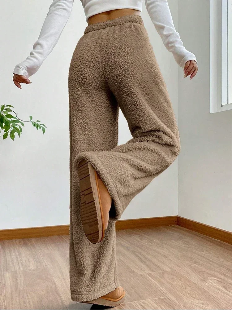 Pantaloni lunghi da donna in peluche tinta unita caldo invernale con coulisse pantaloni sportivi termici a vita alta pantaloni casual dritti e soffici da donna