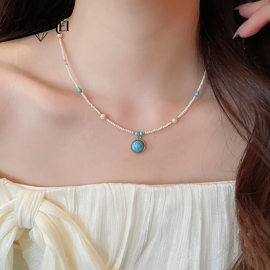 DOO MEI Boho Turquoise Pendant Necklace Elegant freshwater Pearl Seed Bead Chain Necklace for Women Vacation Daily Jewelry