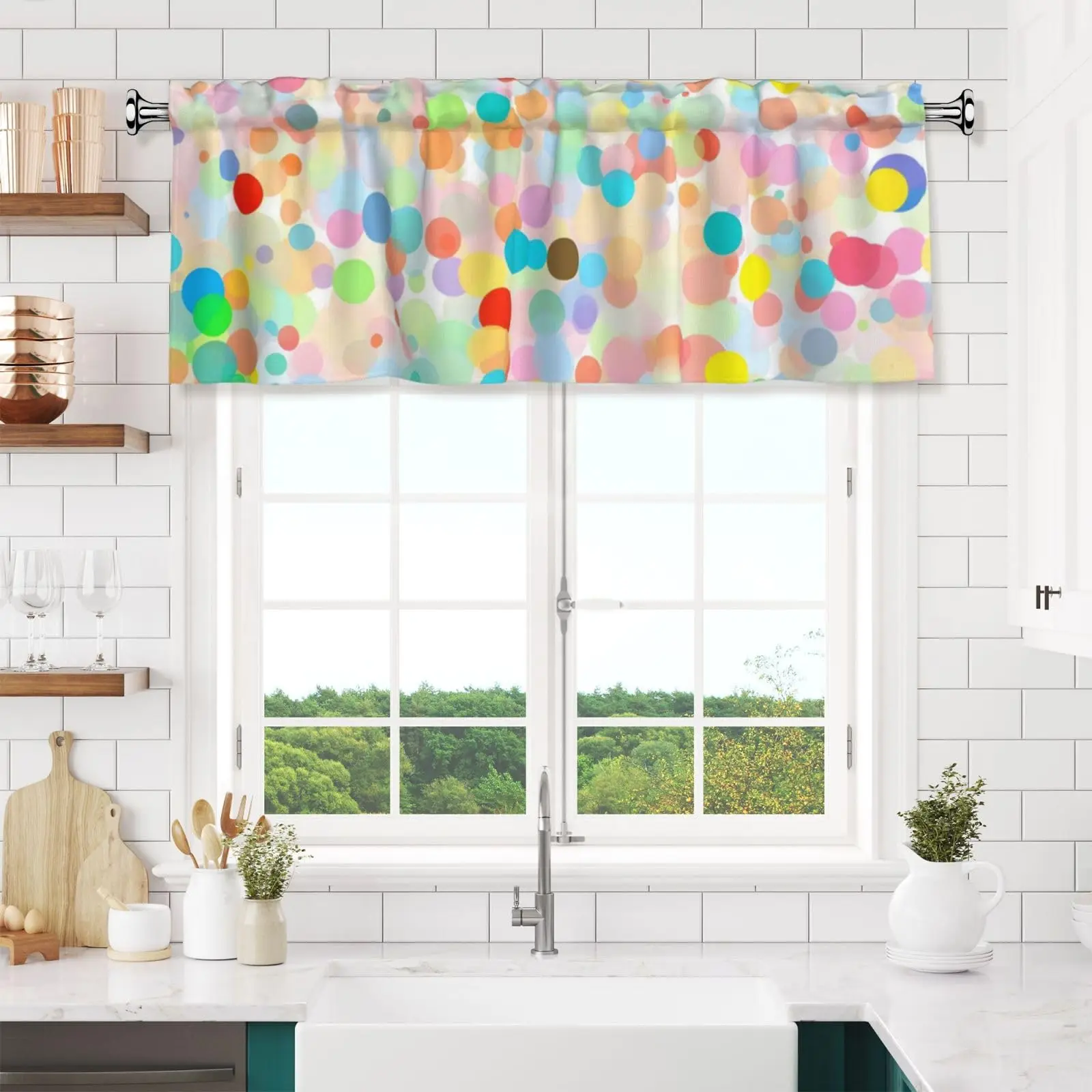 Short Rod Pocket Valance Curtain Bright Colorful Dots Window Treatment for Kitchen Living Room Bedroom Decor